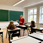 **A bright and modern classroom in Sweden, with students actively participating in different activities:** Some are working on tablets, others are collaborating on a project with LEGOs, and a teacher is giving personalized feedback. Focus on natural light, pops of color and a relaxed, engaged atmosphere. The image should evoke a sense of student ownership and active learning. Include typical Swedish design elements in the classroom.