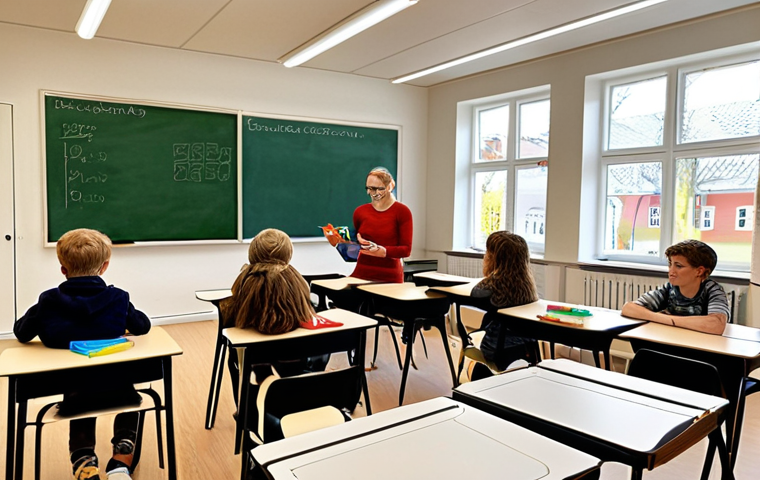 **A bright and modern classroom in Sweden, with students actively participating in different activities:** Some are working on tablets, others are collaborating on a project with LEGOs, and a teacher is giving personalized feedback. Focus on natural light, pops of color and a relaxed, engaged atmosphere. The image should evoke a sense of student ownership and active learning. Include typical Swedish design elements in the classroom.