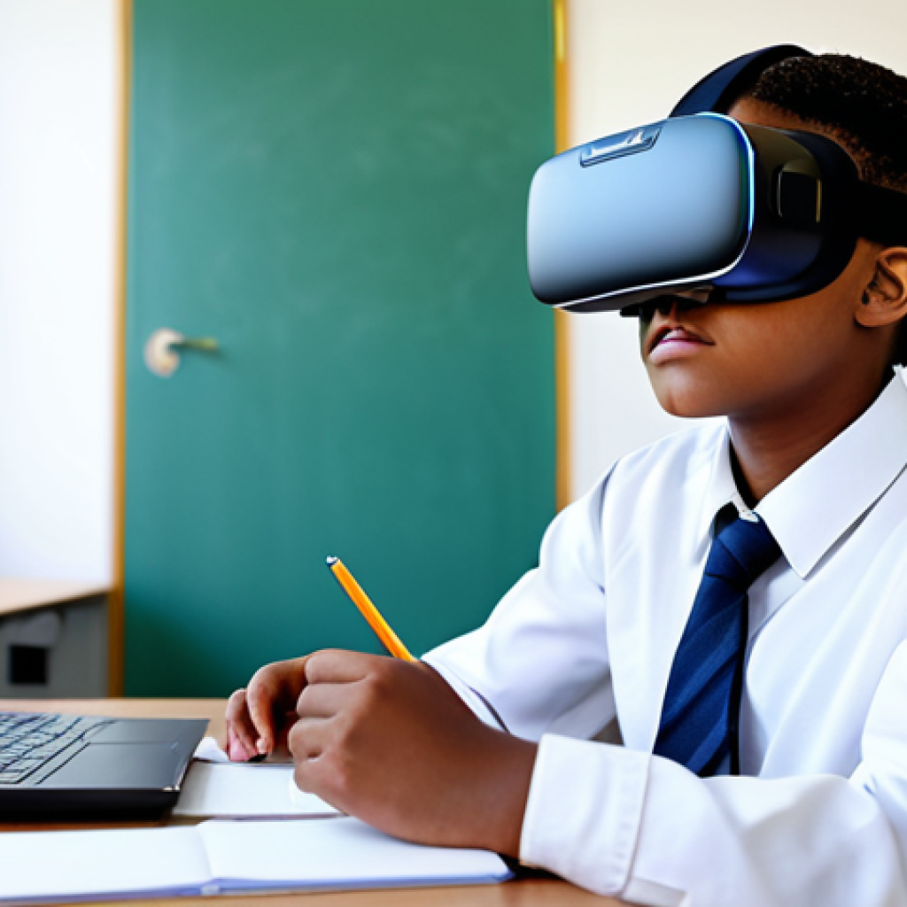 A focused young student, fully clothed in modest school attire, wearing a sleek VR headset, deeply immersed in a virtual learning experience. The student is seated at a clean, modern desk within a bright, spacious classroom, with an expression of focused engagement. The scene implies exploration of a detailed historical or scientific virtual environment, blending technology with education. safe for work, appropriate content, family-friendly, perfect anatomy, correct proportions, natural pose, well-formed hands, proper finger count, natural body proportions, professional photography, high quality.