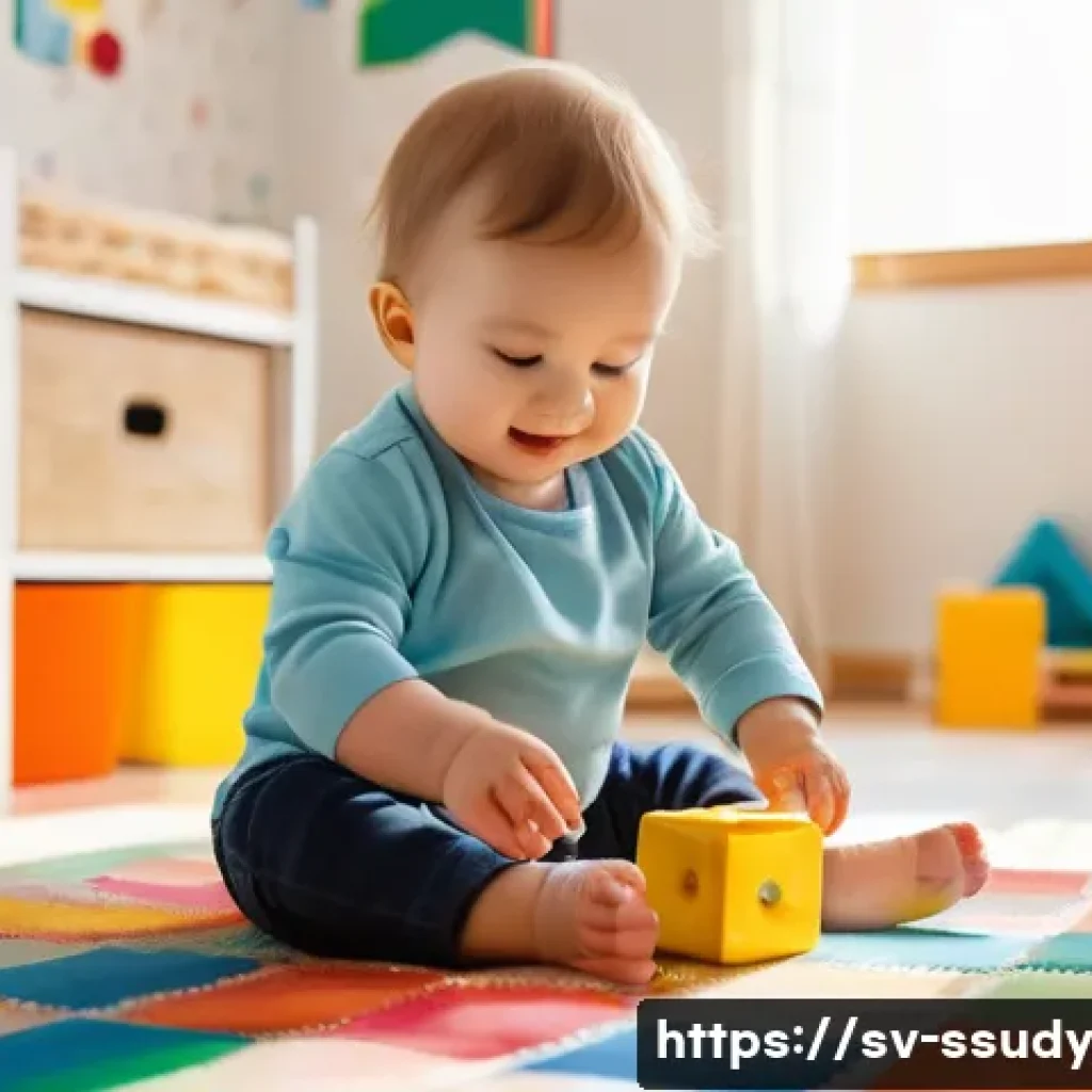 온라인 몰입형 학습 플랫폼 비교 분석 - A toddler, wearing a cloth diaper, is happily playing with building blocks on a colorful playmat in ...