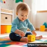Home 15 온라인 몰입형 학습 플랫폼 비교 분석 - A toddler, wearing a cloth diaper, is happily playing with building blocks on a colorful playmat in ...