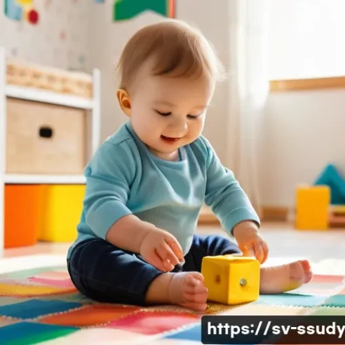 Home 27 온라인 몰입형 학습 플랫폼 비교 분석 - A toddler, wearing a cloth diaper, is happily playing with building blocks on a colorful playmat in ...