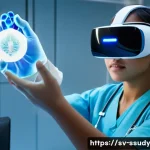 Home 14 가상 현실을 활용한 몰입형 학습 사례 - **A medical student, wearing light blue scrubs and a surgical cap, is intently focused on a complex ...