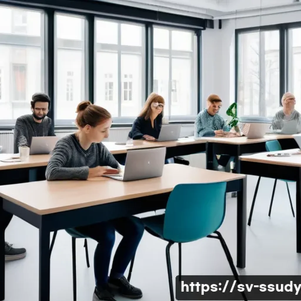 몰입형 학습 환경에서의 실습과 이론의 통합 - A modern Swedish classroom scene showing a diverse group of adult students engaged in a hybrid learn...