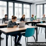 Home 19 몰입형 학습 환경에서의 실습과 이론의 통합 - A modern Swedish classroom scene showing a diverse group of adult students engaged in a hybrid learn...