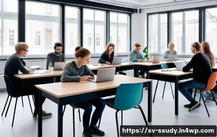 몰입형 학습 환경에서의 실습과 이론의 통합 - A modern Swedish classroom scene showing a diverse group of adult students engaged in a hybrid learn...