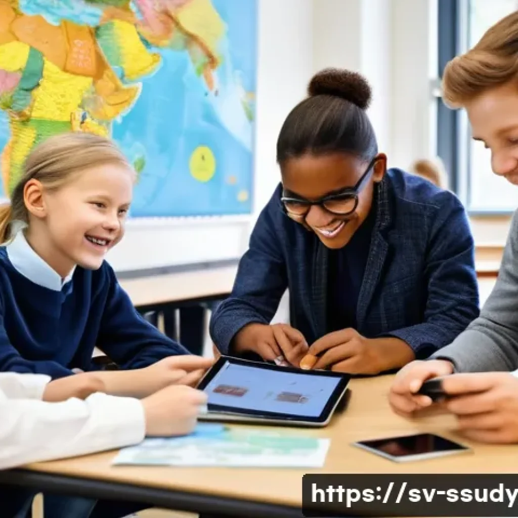 몰입형 학습 환경에서의 다문화 교육 - A diverse group of students in a modern Swedish classroom actively engaged in a collaborative projec...