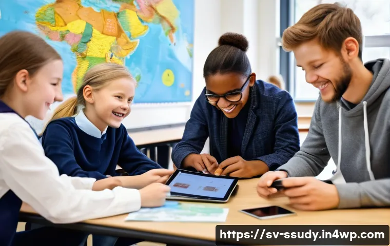 몰입형 학습 환경에서의 다문화 교육 - A diverse group of students in a modern Swedish classroom actively engaged in a collaborative projec...