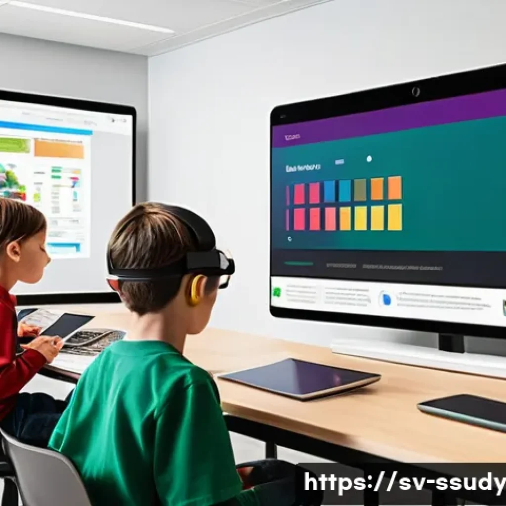 몰입형 학습 환경에서의 사용자 경험 개선 - A modern digital learning environment featuring a diverse group of students actively engaging with i...
