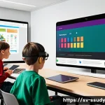 Home 22 몰입형 학습 환경에서의 사용자 경험 개선 - A modern digital learning environment featuring a diverse group of students actively engaging with i...