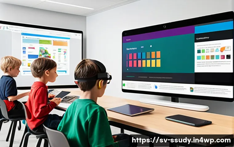몰입형 학습 환경에서의 사용자 경험 개선 - A modern digital learning environment featuring a diverse group of students actively engaging with i...