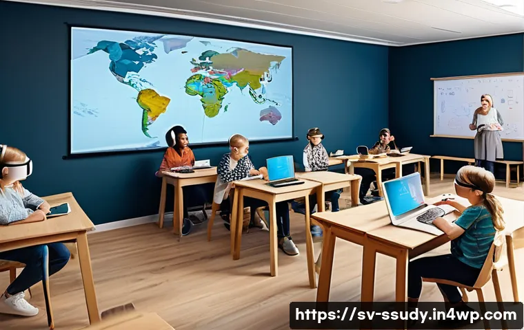 몰입형 학습 환경을 위한 최신 기술 트렌드 - A modern Swedish classroom scene featuring diverse students wearing casual clothing and VR headsets ...