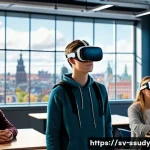 Home 20 몰입형 학습 환경에서의 성과 측정 방법 - A modern Swedish classroom featuring students wearing casual, modest clothing, engaged in an immersi...
