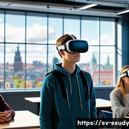 Home 32 몰입형 학습 환경에서의 성과 측정 방법 - A modern Swedish classroom featuring students wearing casual, modest clothing, engaged in an immersi...