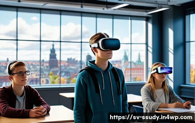 몰입형 학습 환경에서의 성과 측정 방법 - A modern Swedish classroom featuring students wearing casual, modest clothing, engaged in an immersi...