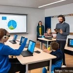 Home 19 몰입형 학습 환경에서의 기술적 지원 - A modern Swedish classroom featuring students wearing casual clothing and comfortably seated in a fl...
