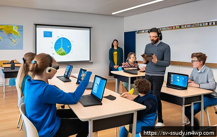 몰입형 학습 환경에서의 기술적 지원 - A modern Swedish classroom featuring students wearing casual clothing and comfortably seated in a fl...