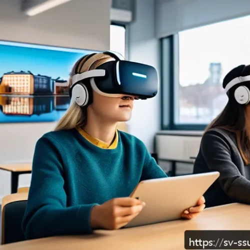 Home 30 몰입형 학습 환경에서의 자료 활용법 - A modern Swedish classroom setting featuring students using VR headsets and AR tablets to explore im...
