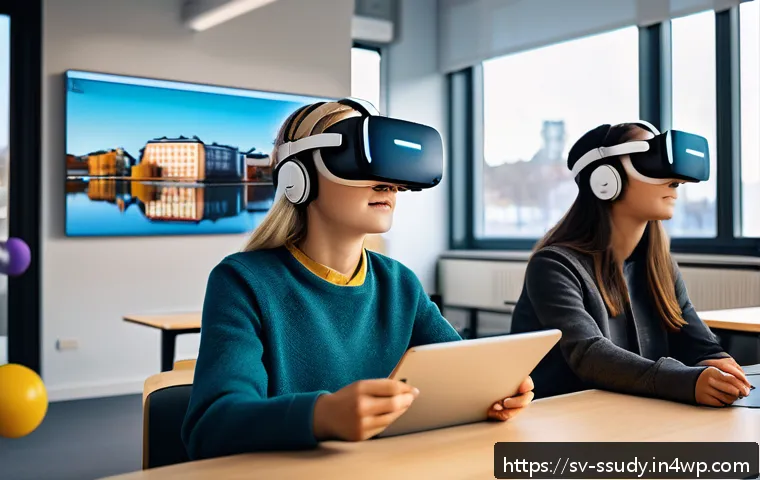 몰입형 학습 환경에서의 자료 활용법 - A modern Swedish classroom setting featuring students using VR headsets and AR tablets to explore im...