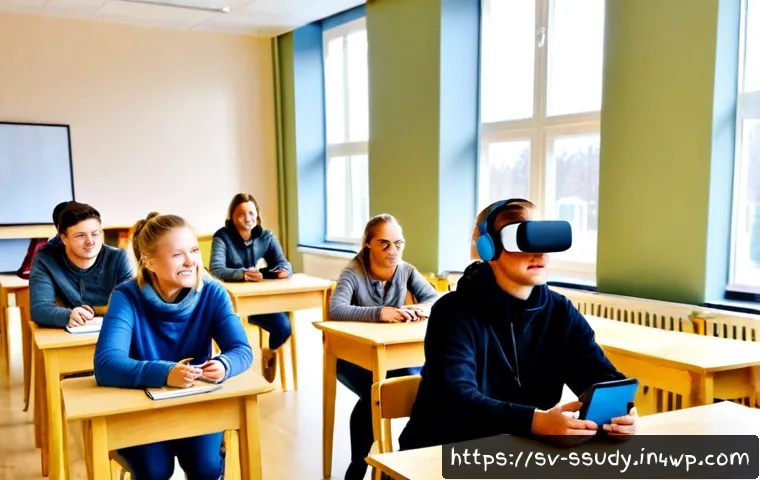 Home 13 몰입형 학습 환경에서의 문화적 고려사항 - Photorealistic immersive learning classroom in Sweden, diverse adult students wearing comfortable wi...