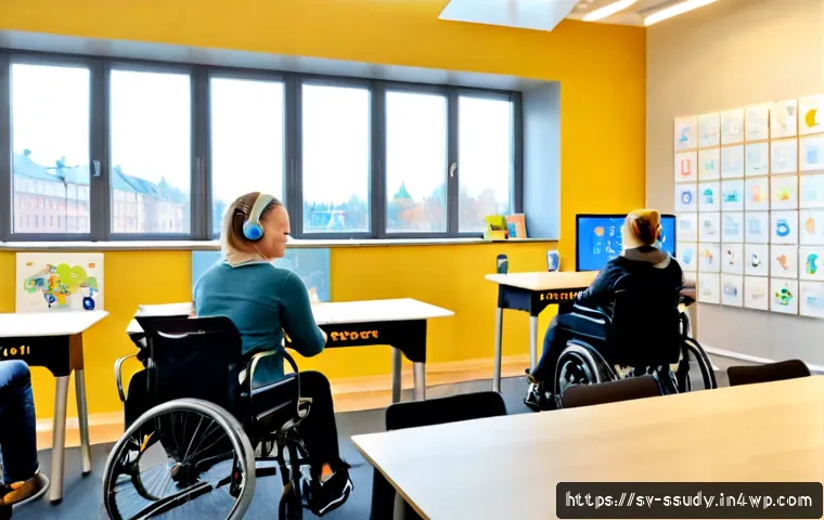Home 15 접근성을 고려한 몰입형 학습 환경 설계 - Photorealistic inclusive immersive learning room in a modern Swedish public library, diverse adult l...