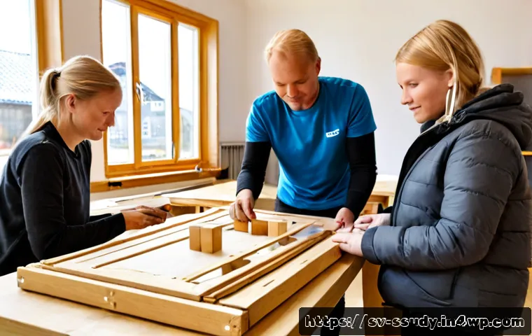 몰입형 학습을 위한 실습 기반 접근법 - Photorealistic Swedish adult education workshop, a diverse group of learners building a small wooden...